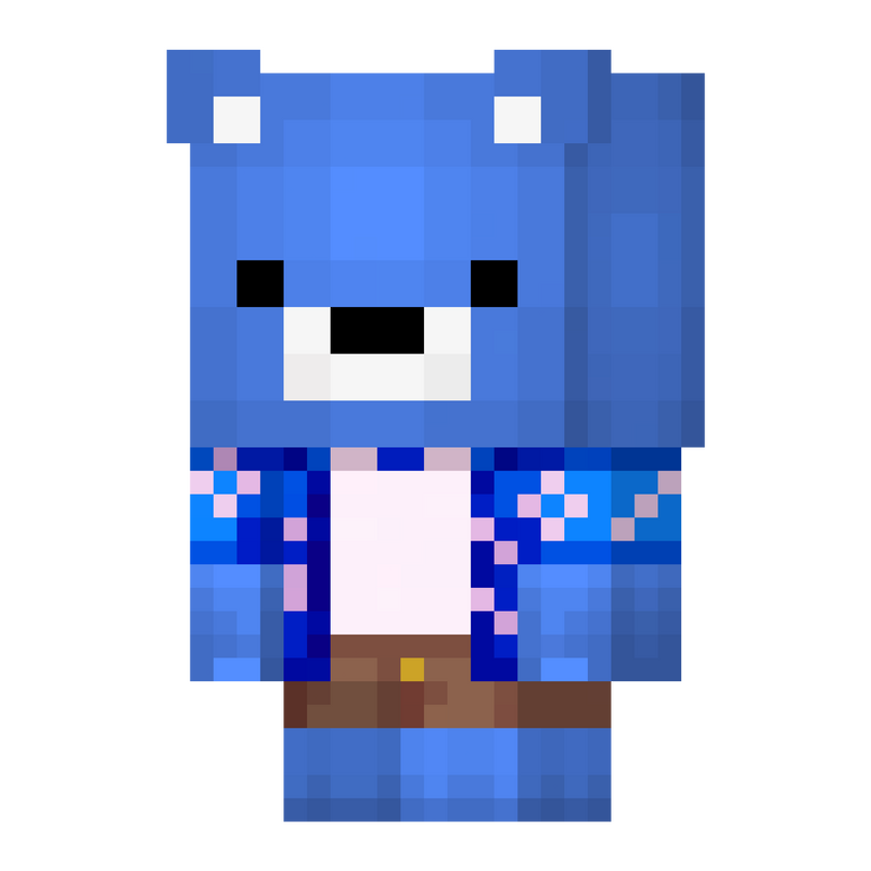 Blue bear Minecraft character with blue and whtie shirt standing and staring to the left.
